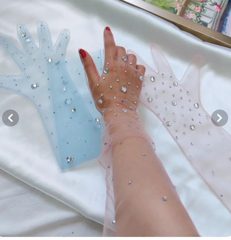 دستکش توری بلند صورتی نگینی