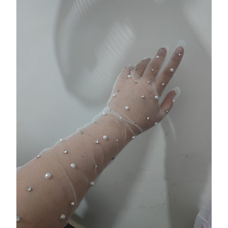 دستکش توری بلند سفید دیزاین با نگین ومروارید