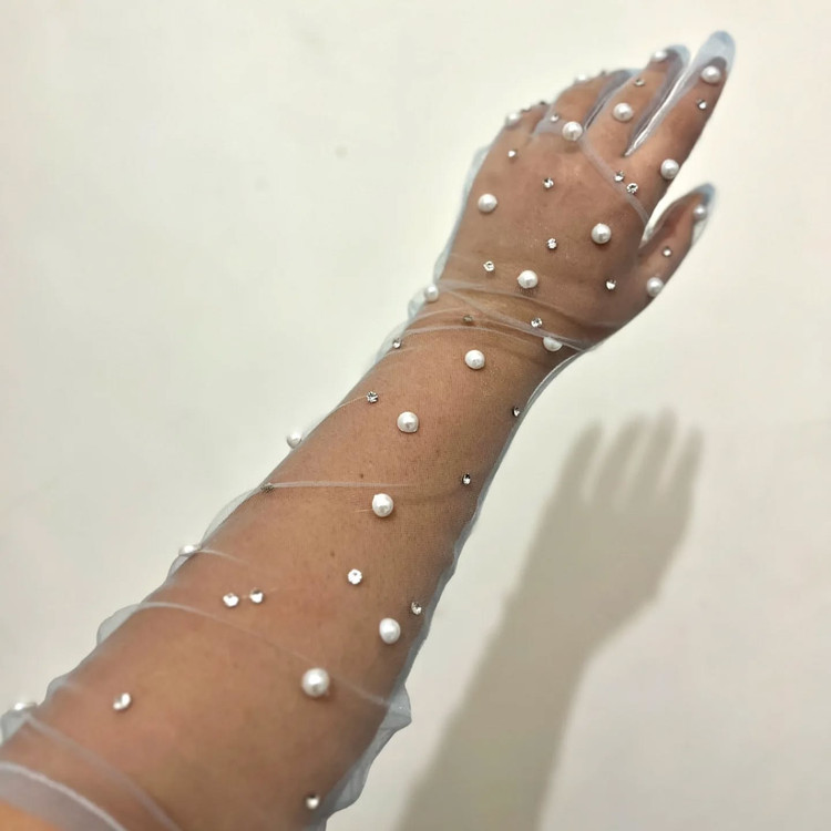 دستکش توری بلند مدل مرواریدونگین داذ