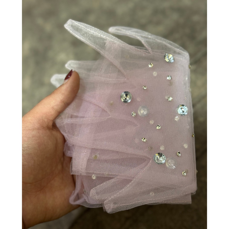 دستکش توری بلند صورتی نگینی