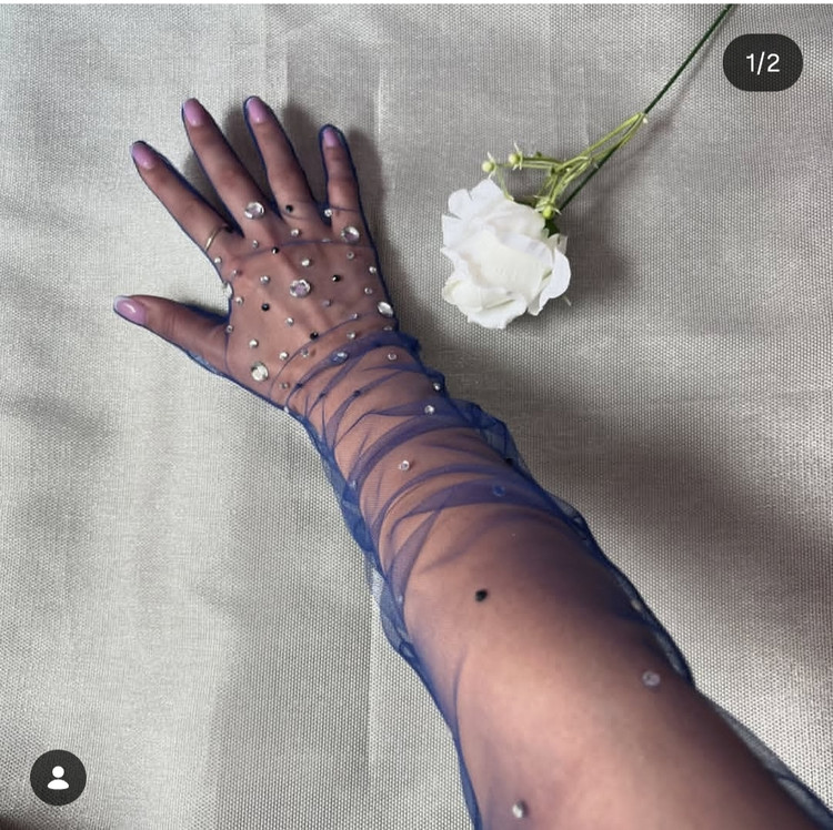 دستکش توری بلند صورتی نگینی