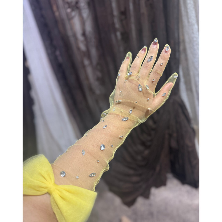 دستکش توری بلندنگین دار رنگ زرد کره ای