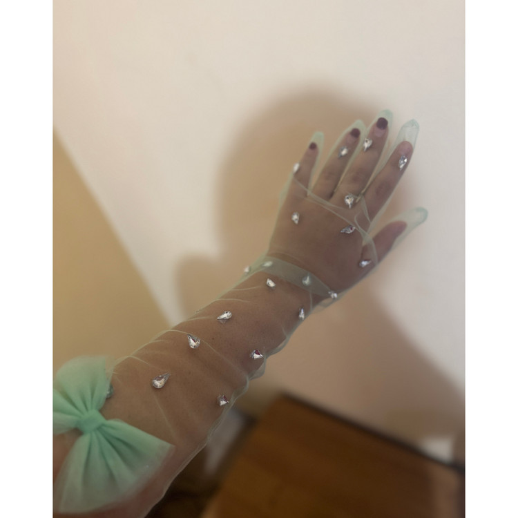 دستکش توری بلندرنگسبزپاستیلی مدل نگین دار