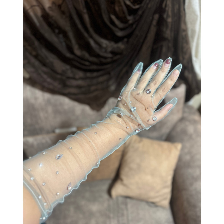 دستکش توری بلند رنگ سبزآبی مدل نگینی